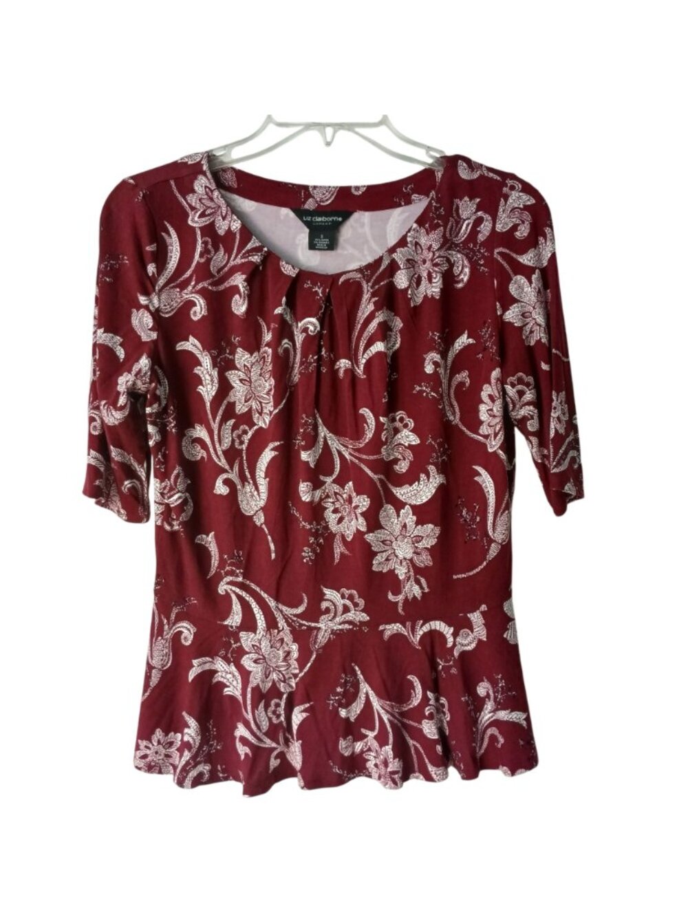 Liz Claiborne Womens Sz S Red Floral Peplum Top Rayon Spandex Career Blouse I-11 - Picture 6 of 8